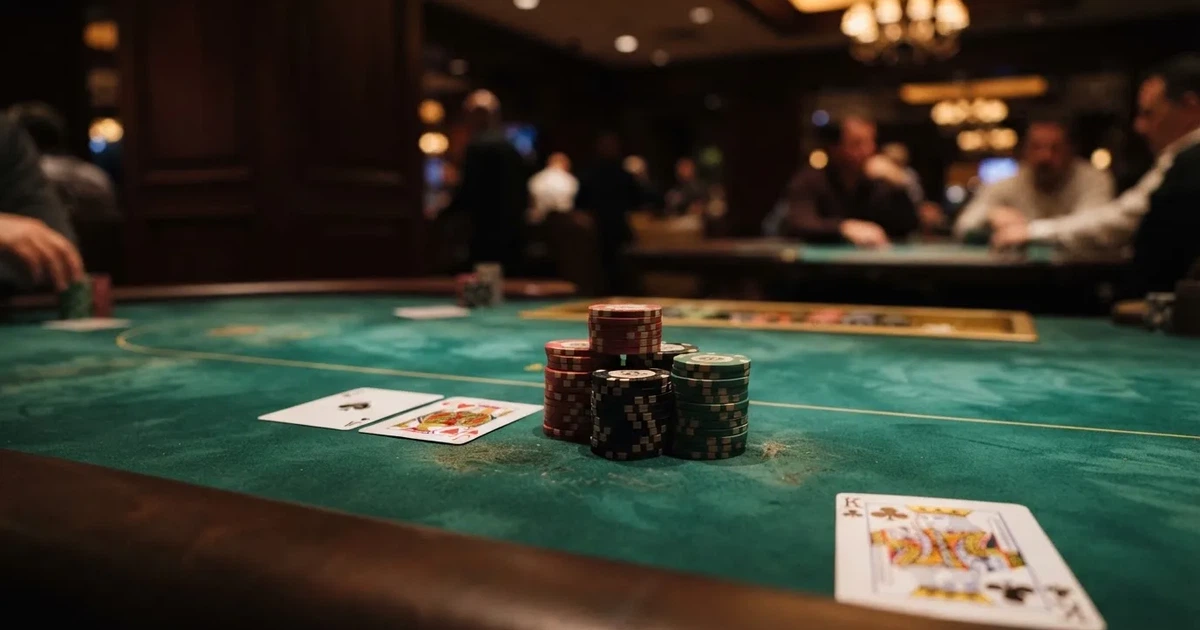 A close-up of a green felt gaming table with cards and chips mid-hand.