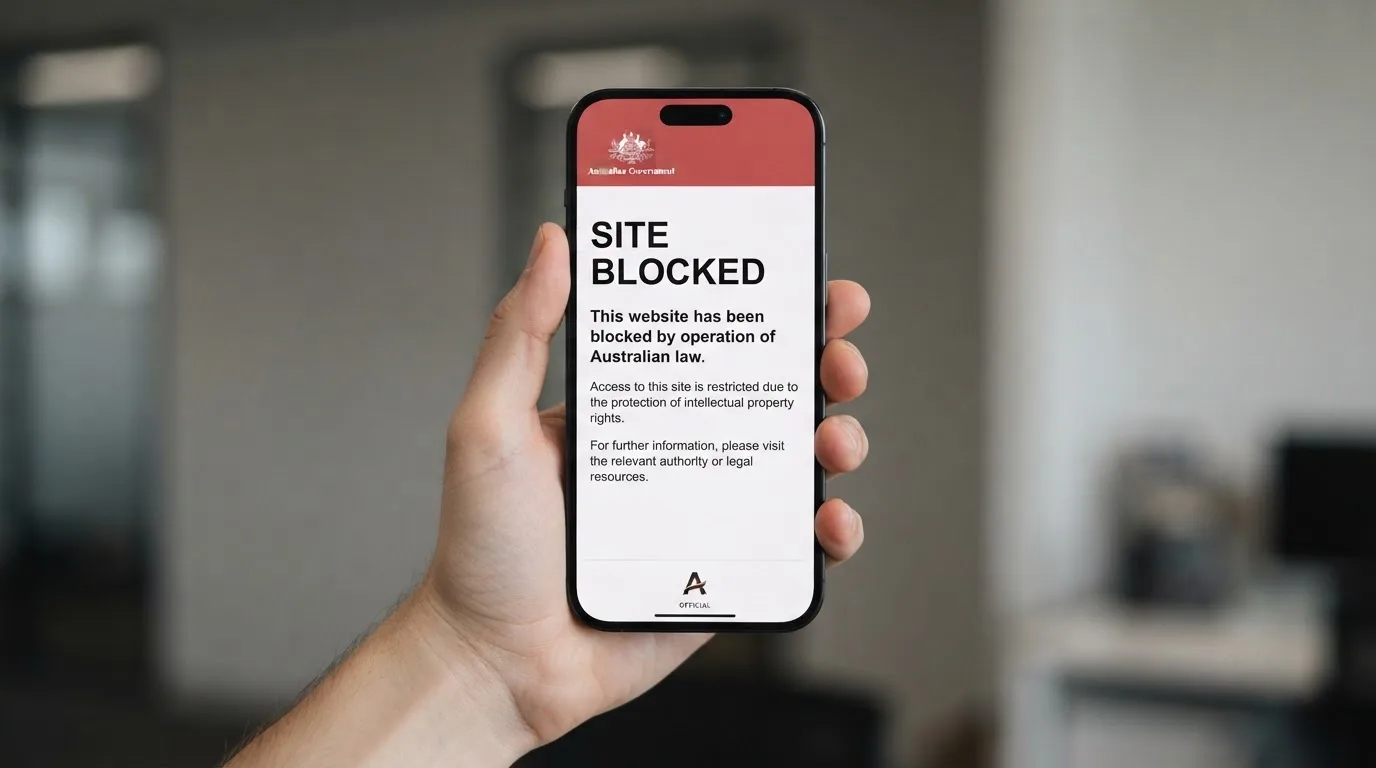 A smartphone screen showing a plain government warning notice about a blocked website, held against a blurred background.