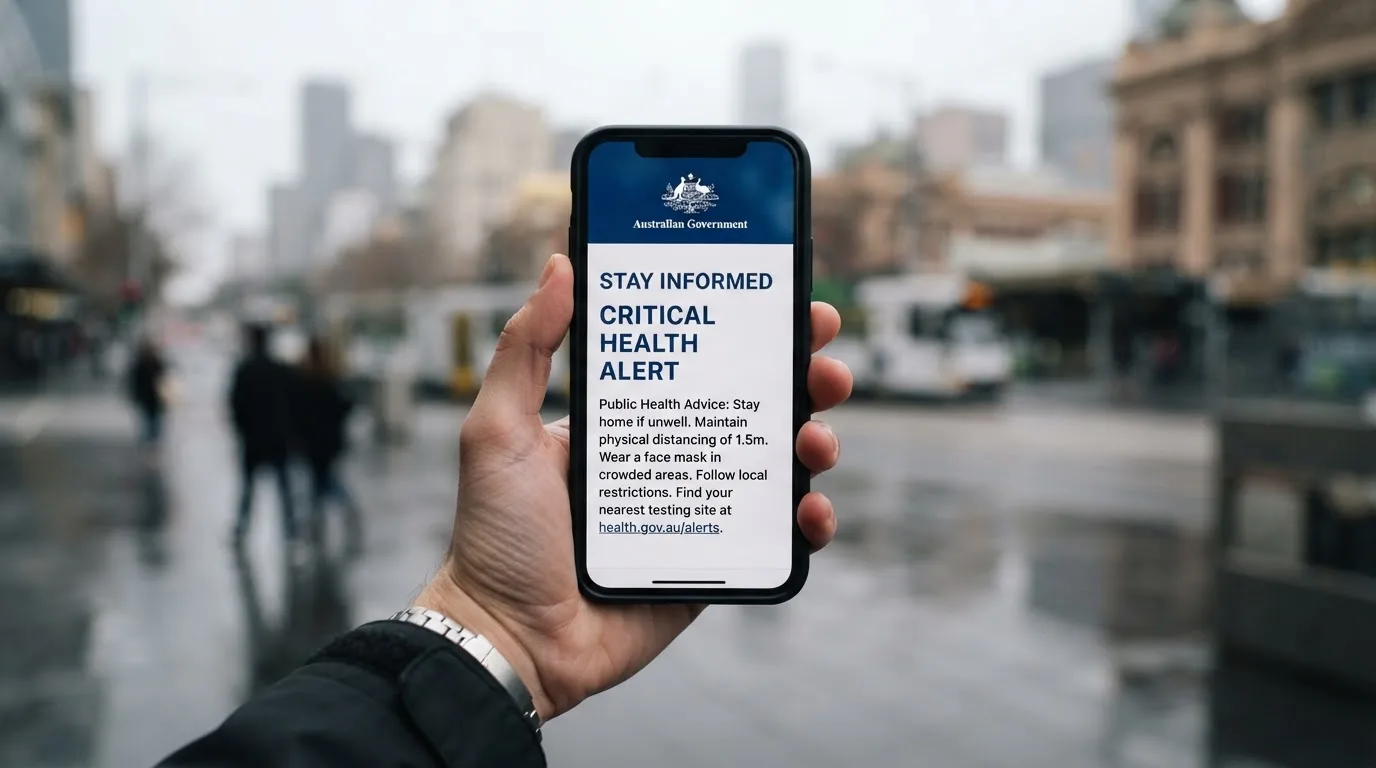 A smartphone screen showing a plain government warning notice about a blocked website, held against a blurred background.
