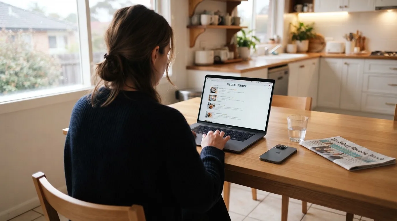 A person at a kitchen table scrolling through review pages on a laptop, phone face-down beside them.