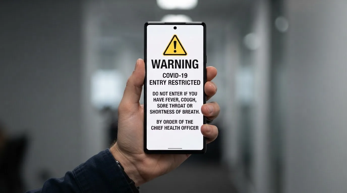 A smartphone screen showing a plain government warning notice about a blocked website, held against a blurred background.