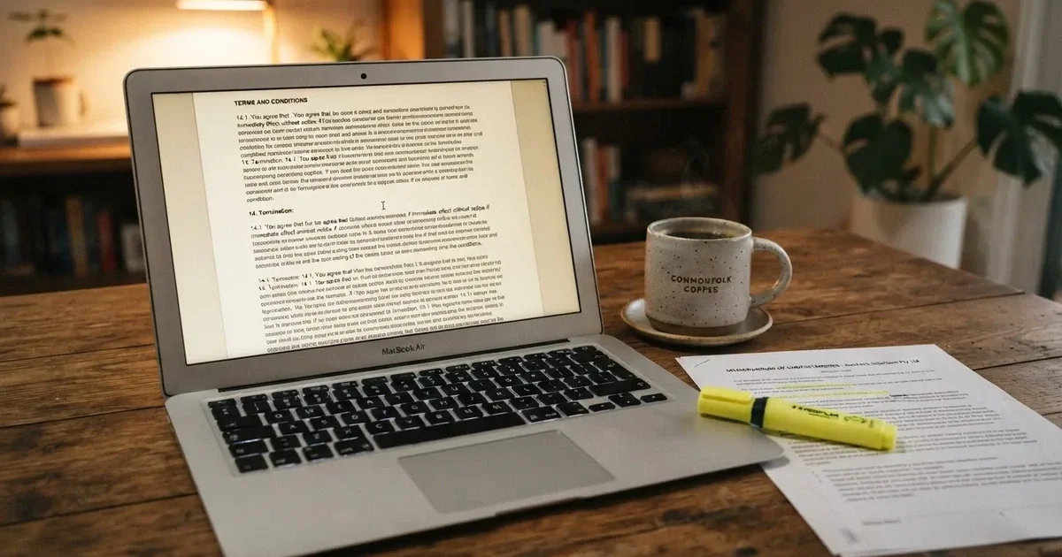 A laptop screen showing a page of terms and conditions text with a highlighter resting nearby.