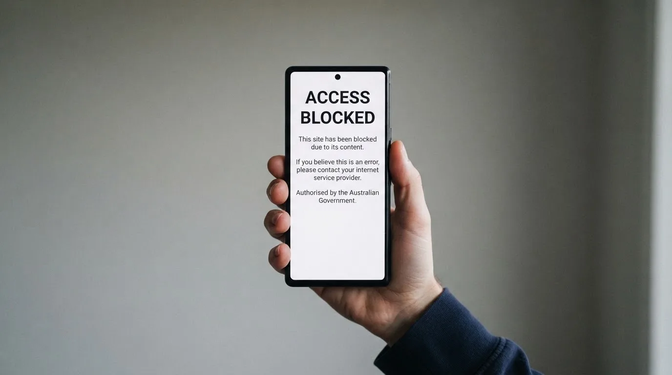 A smartphone screen showing a plain government warning notice about a blocked website, held against a blurred background.