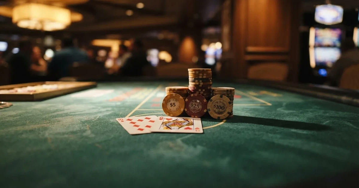 A close-up of a green felt gaming table with cards and chips mid-hand.