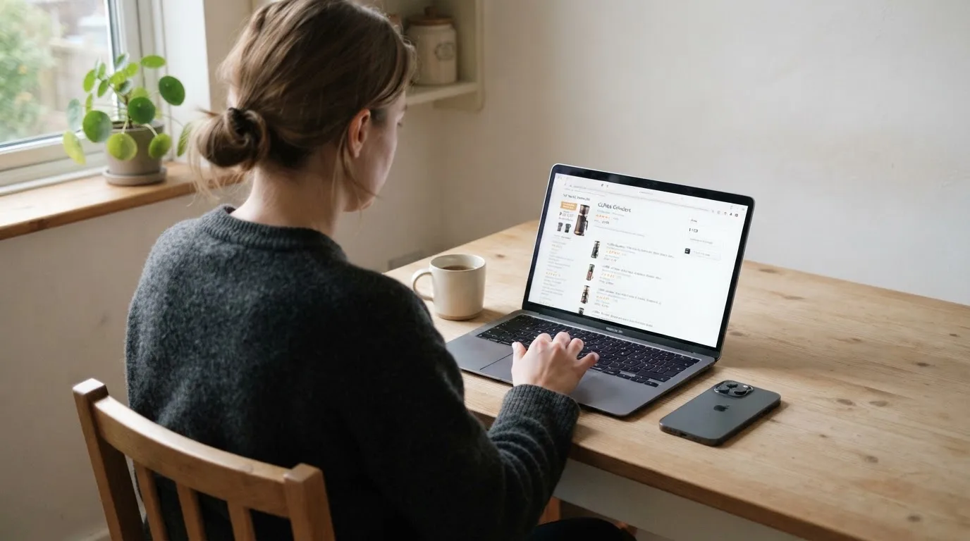 A person at a kitchen table scrolling through review pages on a laptop, phone face-down beside them.
