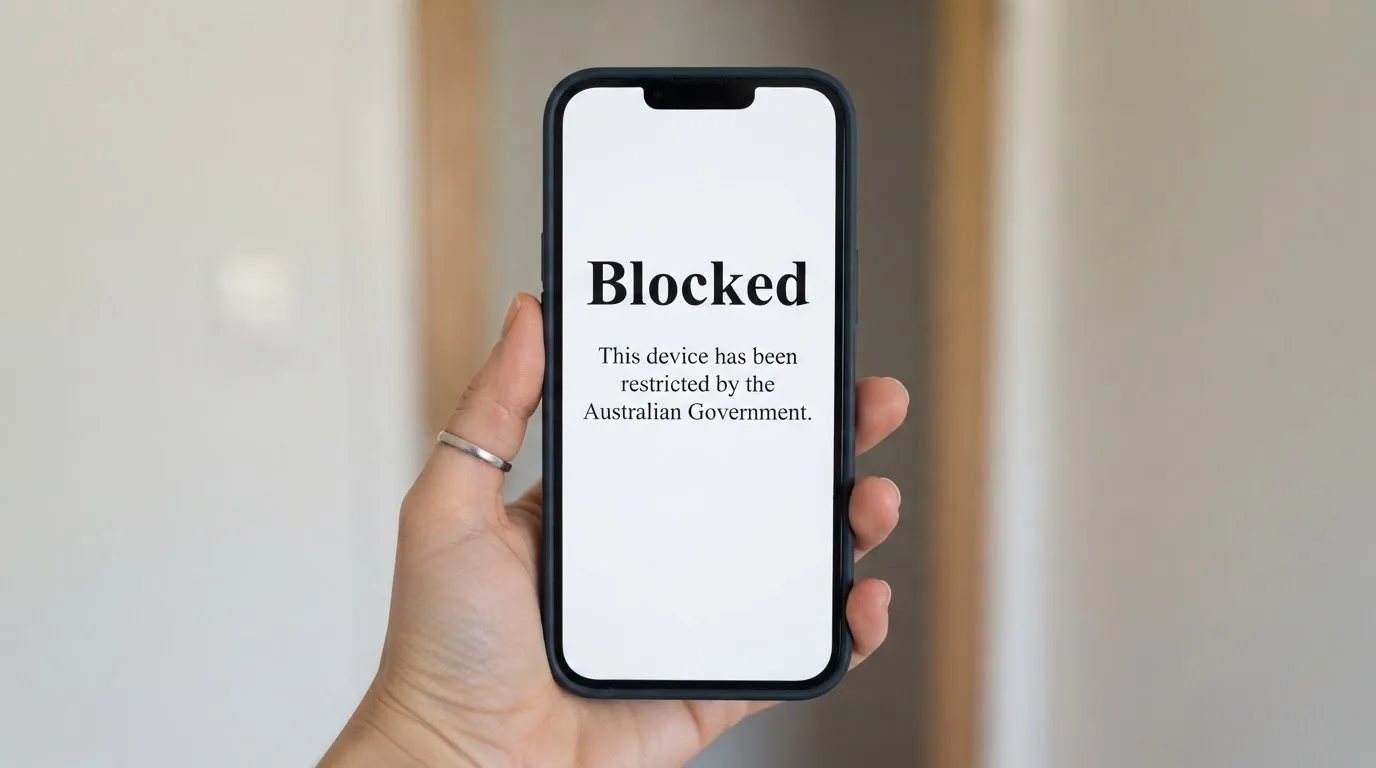 A smartphone screen showing a plain government warning notice about a blocked website, held against a blurred background.
