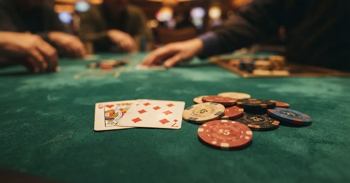 A close-up of a green felt gaming table with cards and chips mid-hand.