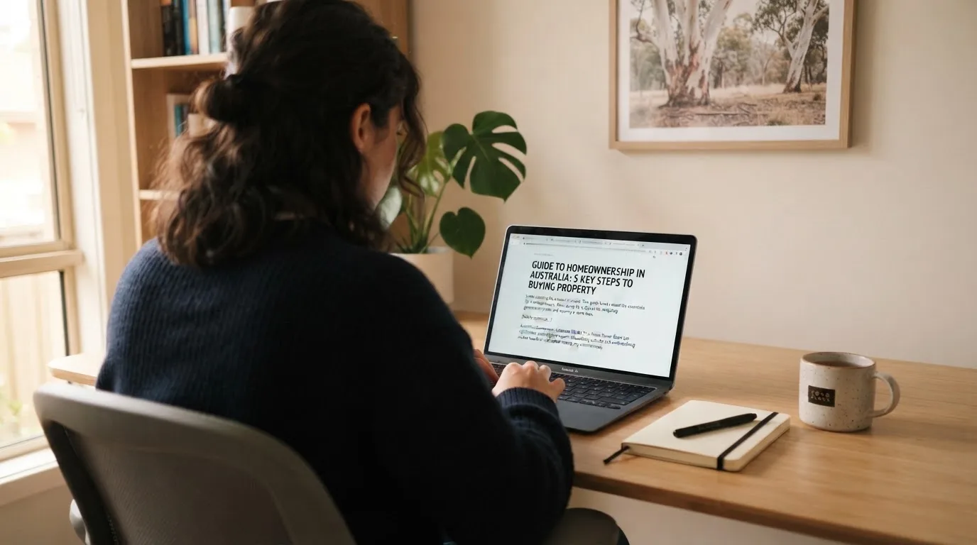 A person at a laptop reading a plain-language explainer article at a home desk.