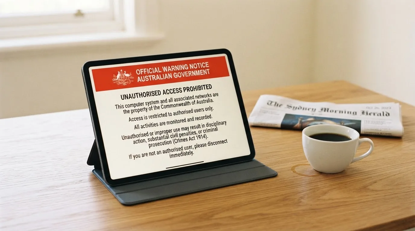 A tablet screen displaying an official regulator warning notice on a desk beside a coffee cup.
