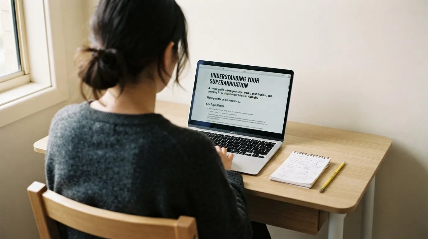 A person at a laptop reading a plain-language explainer article at a home desk.