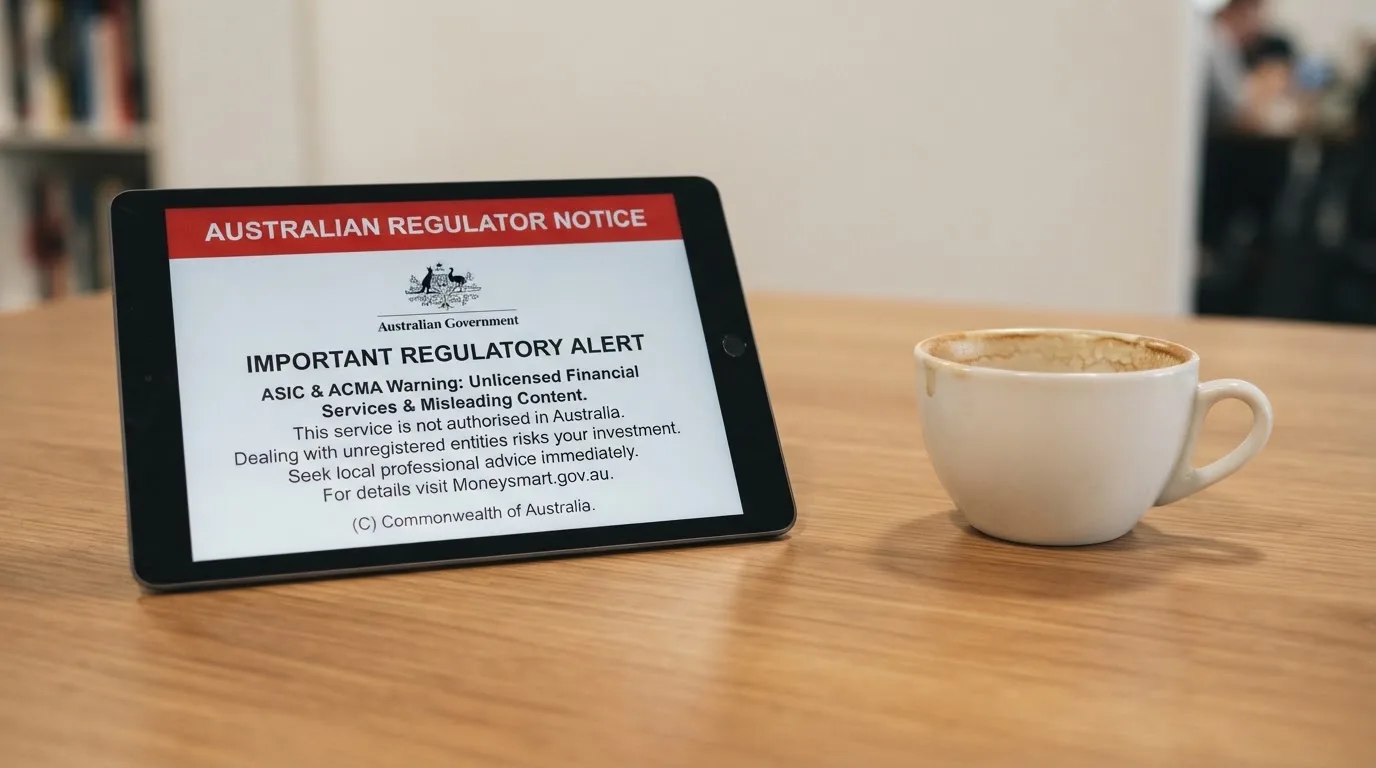 A tablet screen displaying an official regulator warning notice on a desk beside a coffee cup.