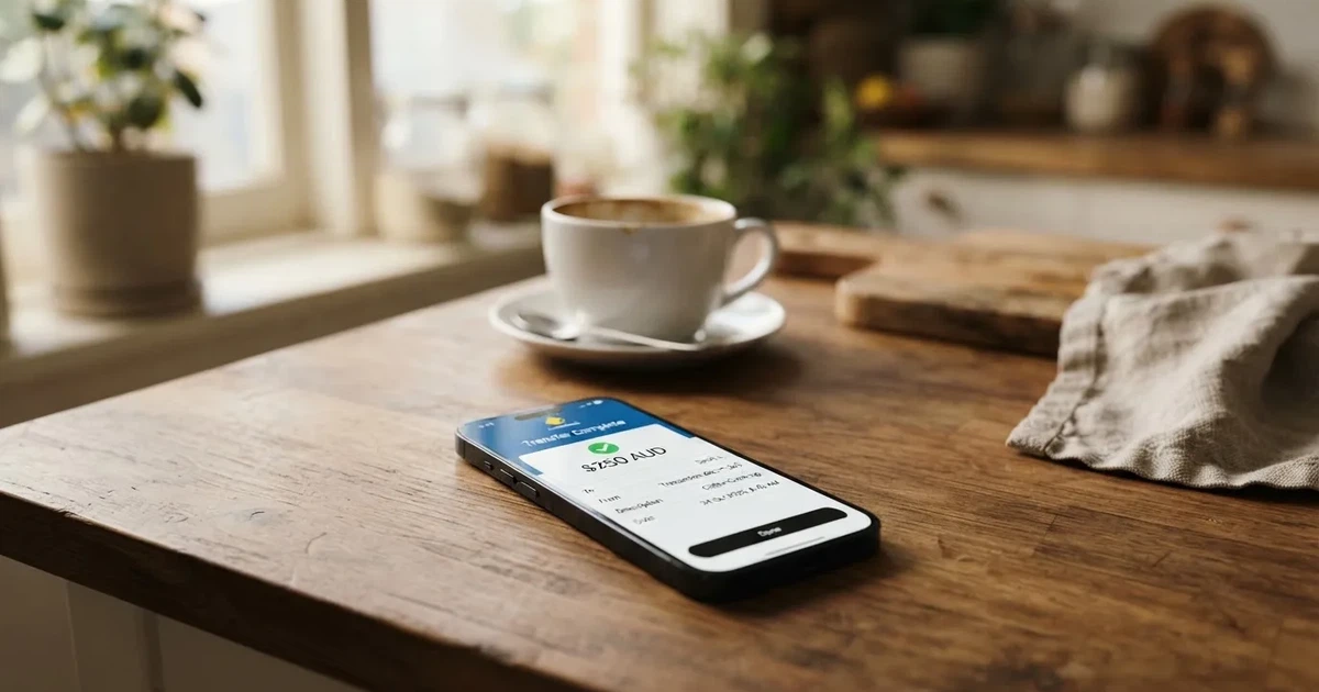 A close-up of a banking app on a smartphone showing a same-day transfer confirmation on a kitchen table.