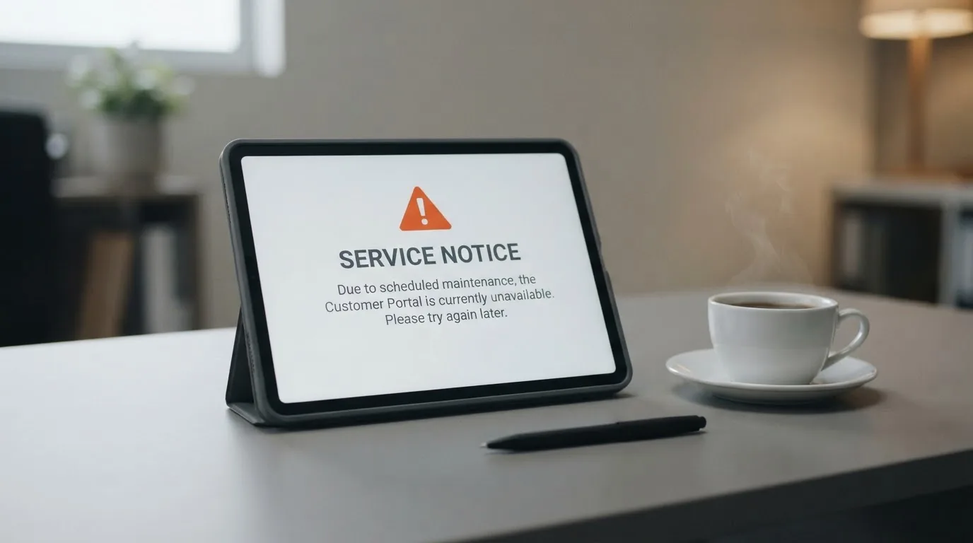 A tablet screen displaying an official regulator warning notice on a desk beside a coffee cup.