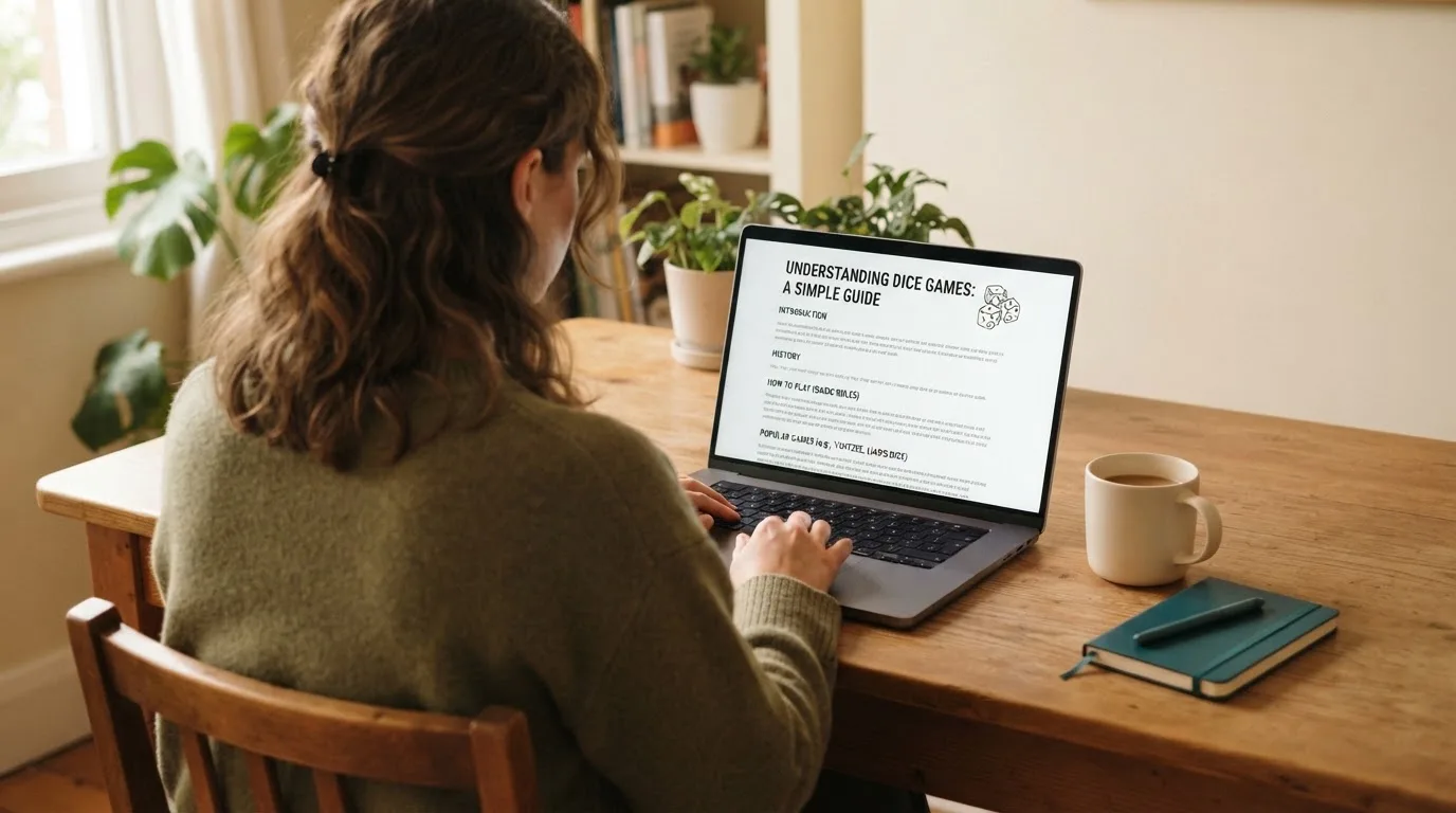 A person at a laptop reading a plain-language explainer article at a home desk.
