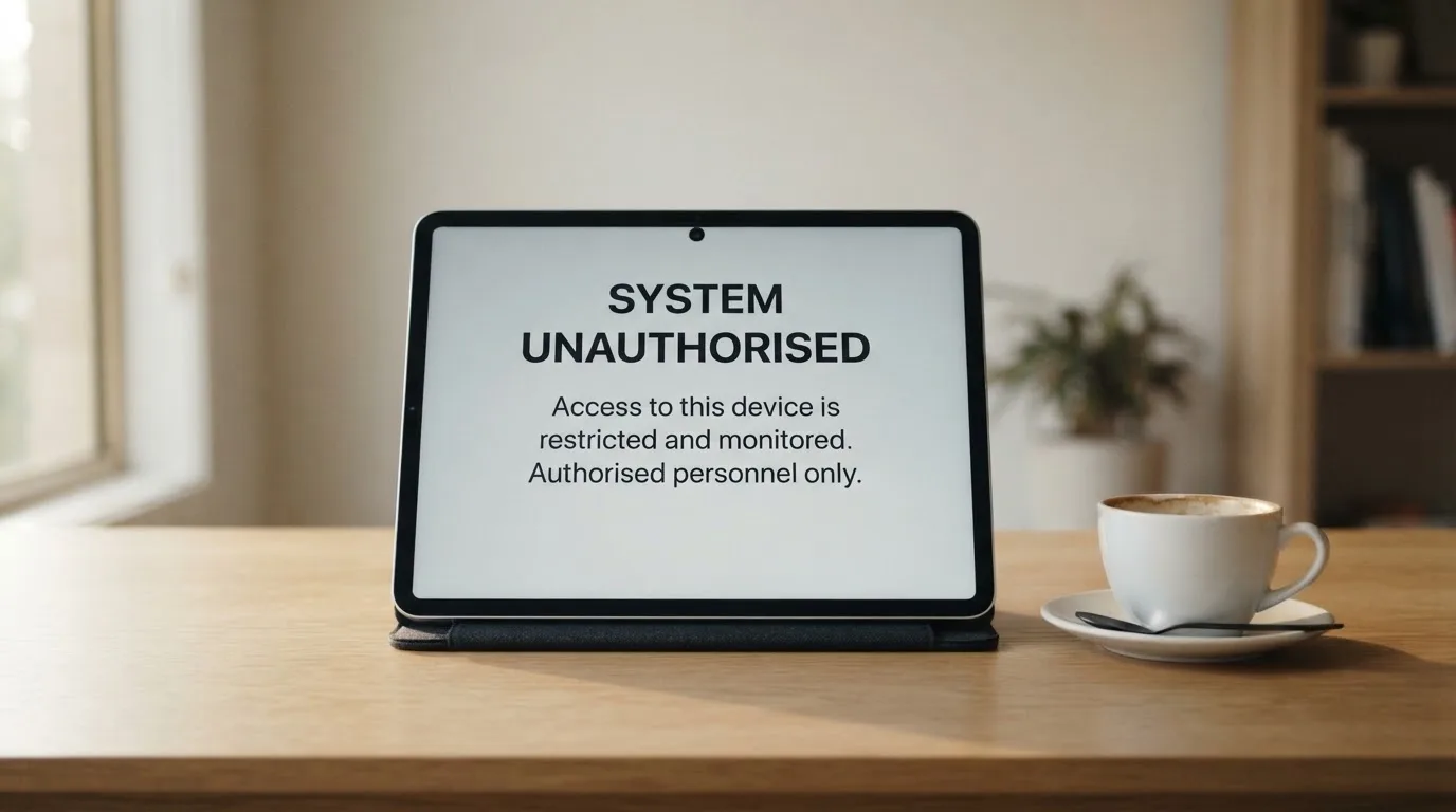 A tablet screen displaying an official regulator warning notice on a desk beside a coffee cup.
