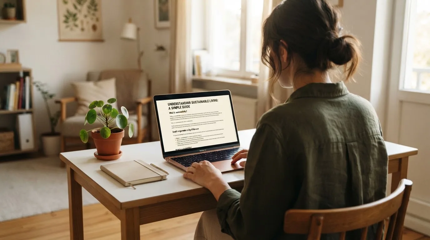 A person at a laptop reading a plain-language explainer article at a home desk.