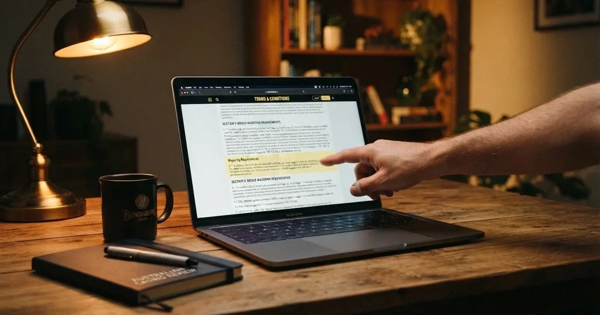 A laptop screen showing a terms-and-conditions page with wagering requirements highlighted.