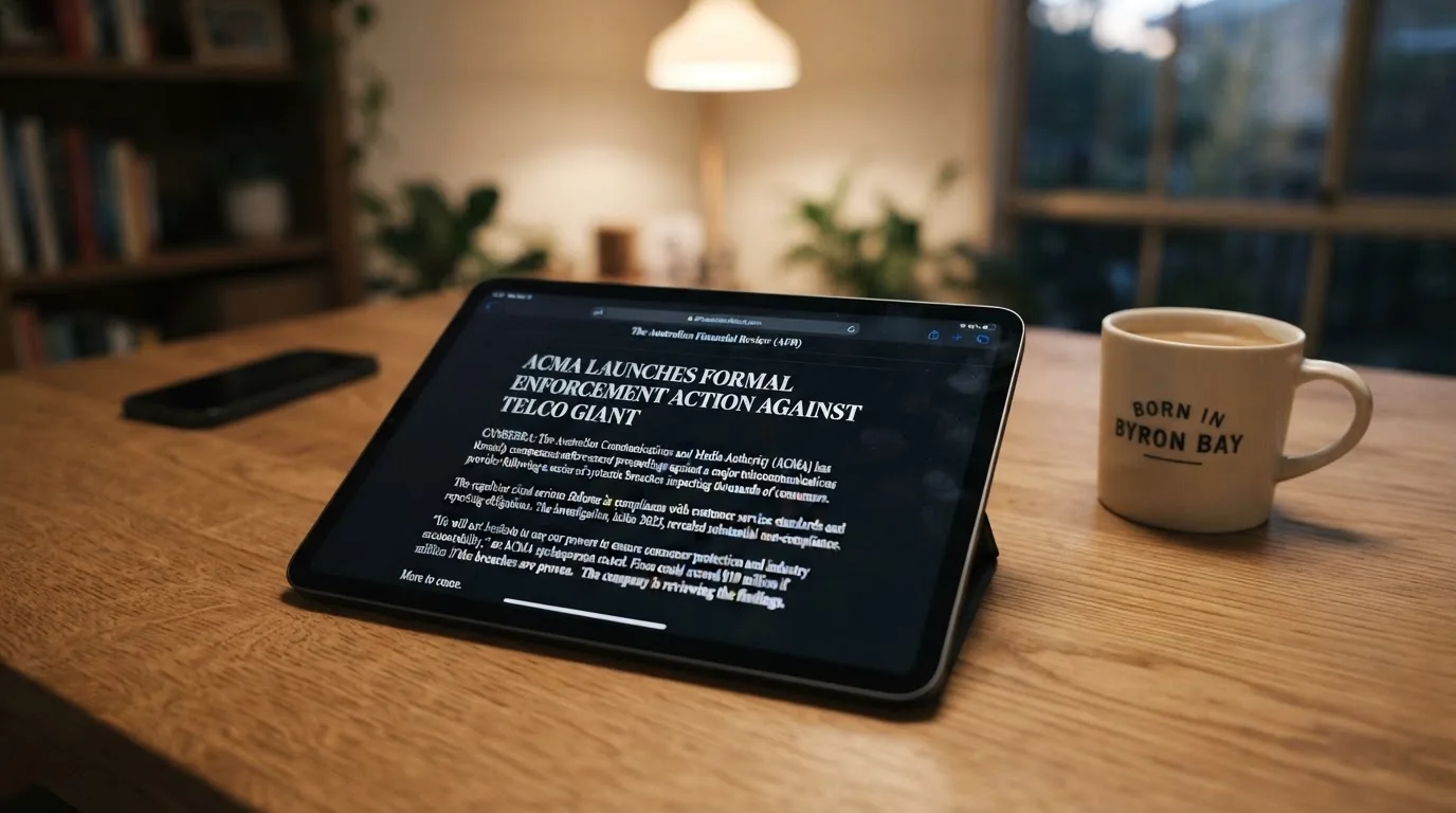 A tablet screen displaying an official regulator warning notice on a desk beside a coffee cup.