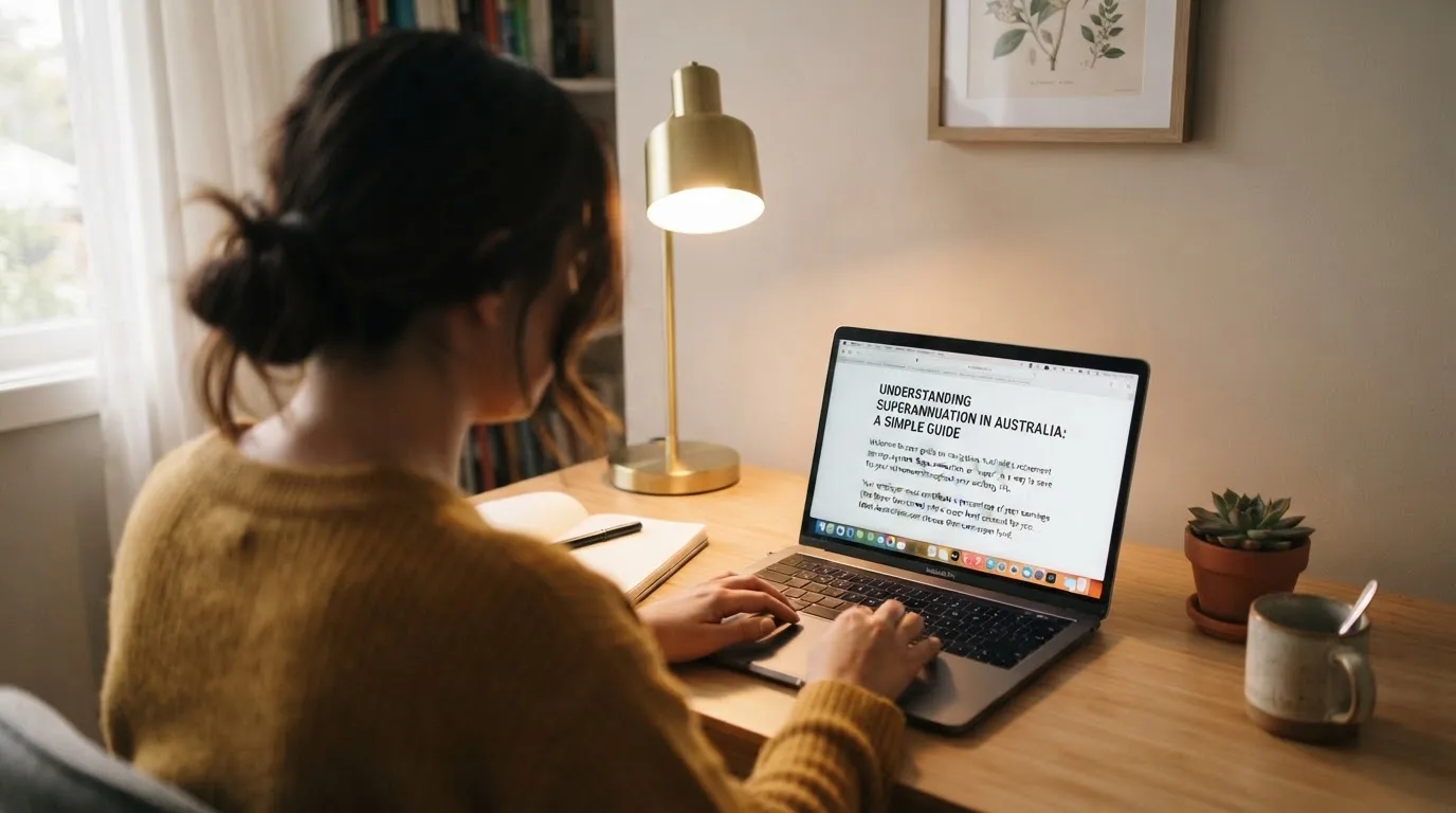 A person at a laptop reading a plain-language explainer article at a home desk.