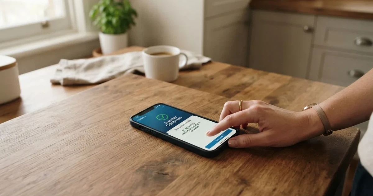 A close-up of a banking app on a smartphone showing a same-day transfer confirmation on a kitchen table.