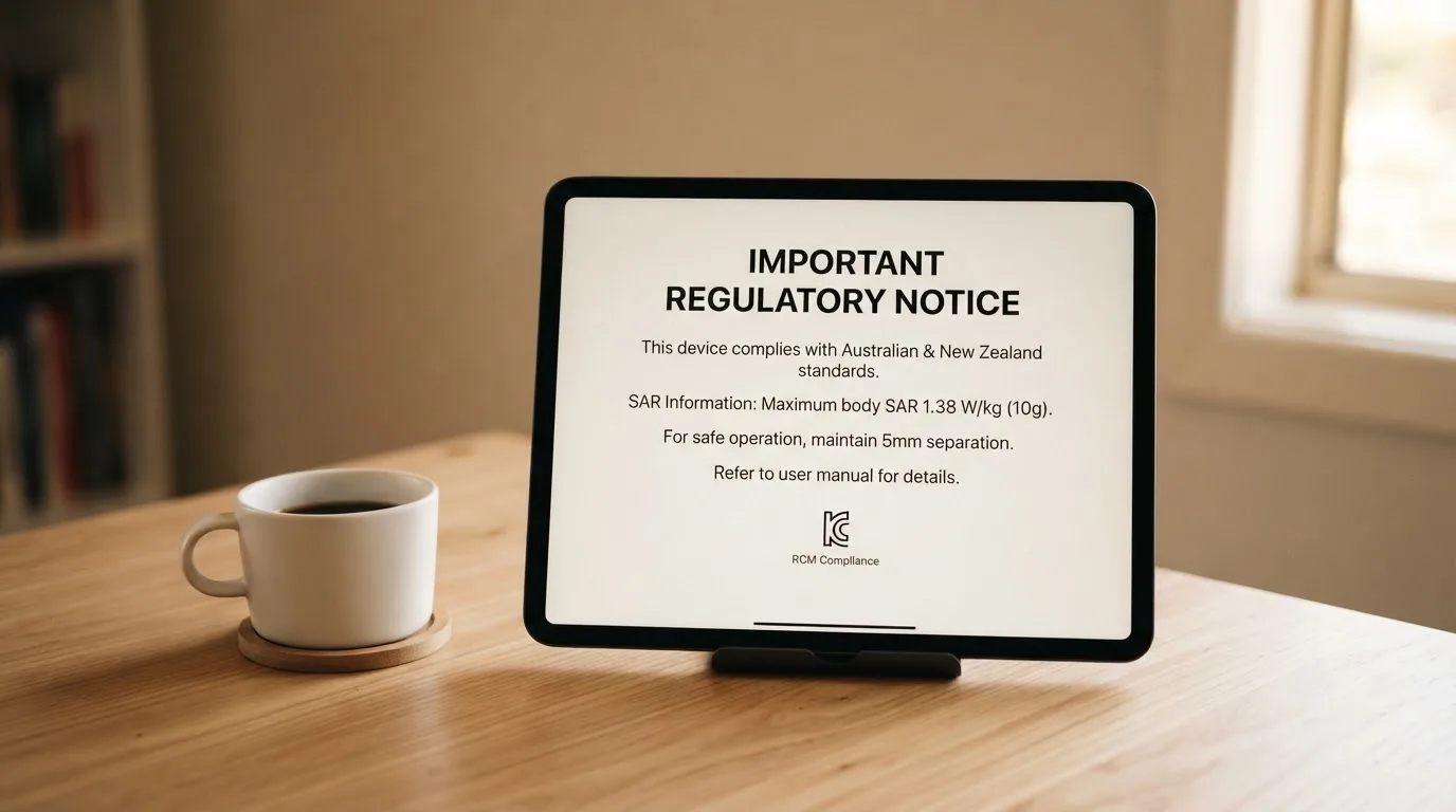 A tablet screen displaying an official regulator warning notice on a desk beside a coffee cup.
