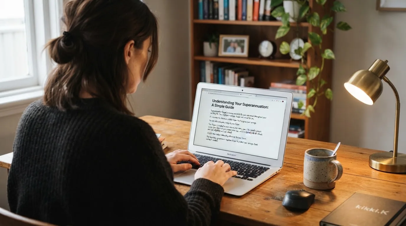 A person at a laptop reading a plain-language explainer article at a home desk.