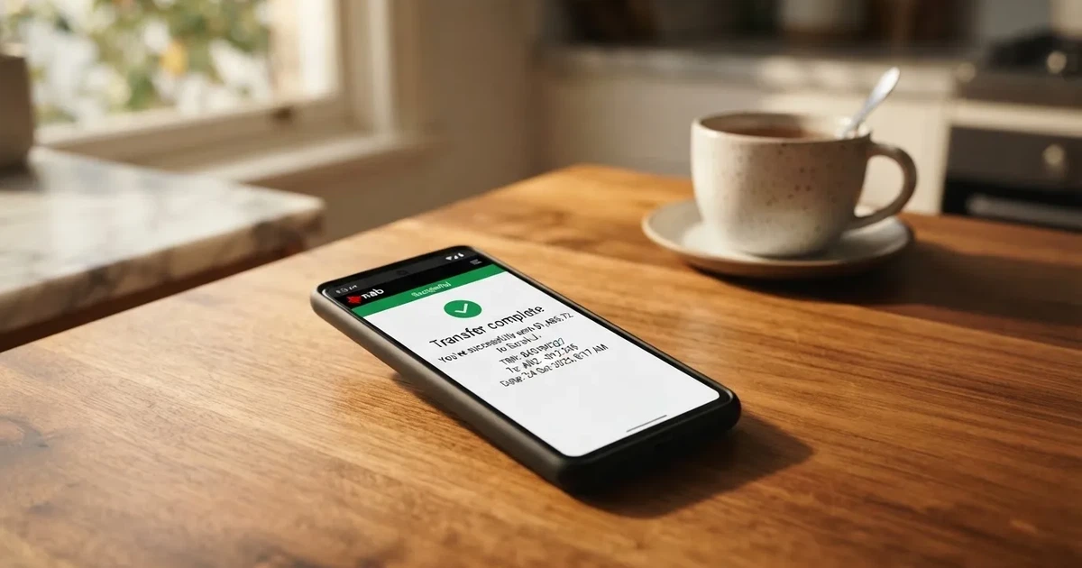 A close-up of a banking app on a smartphone showing a same-day transfer confirmation on a kitchen table.