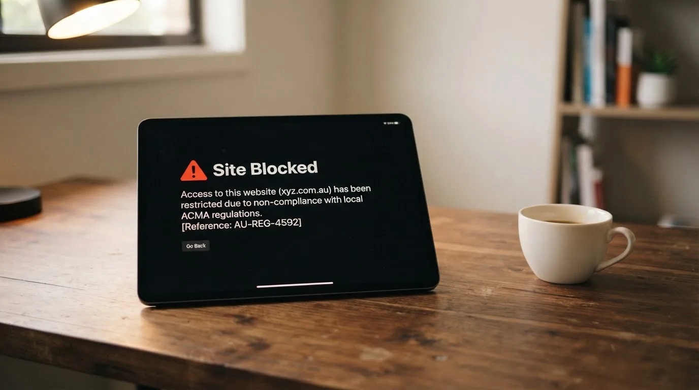 A tablet screen displaying an official regulator warning notice on a desk beside a coffee cup.