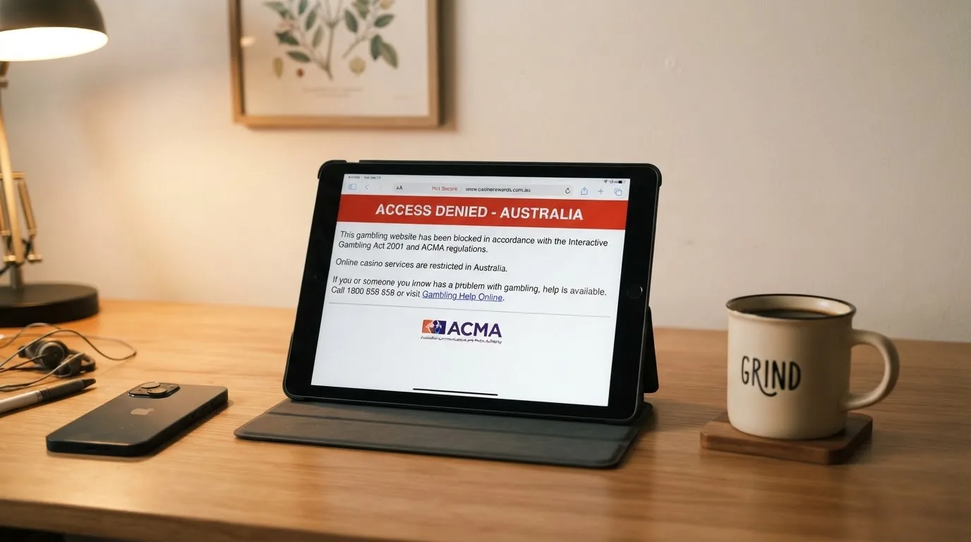 A tablet screen displaying an official regulator warning notice on a desk beside a coffee cup.