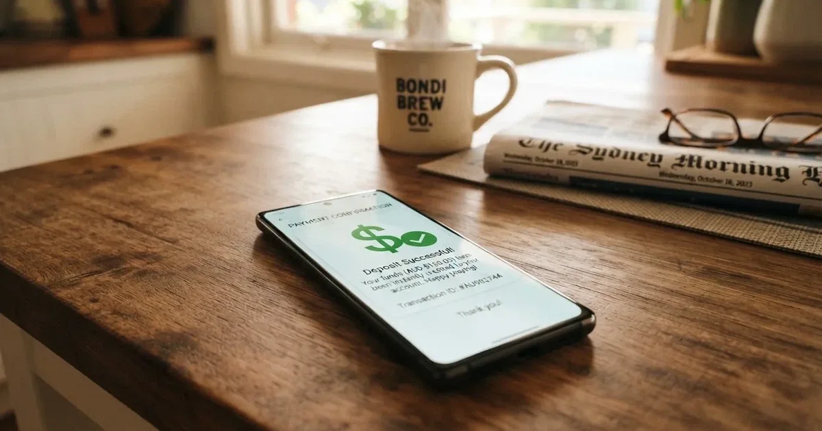 A close-up of a banking app on a smartphone showing a same-day transfer confirmation on a kitchen table.