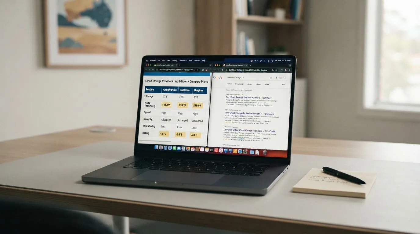 A laptop screen split between two browser tabs, one showing a comparison table and the other a search results page.