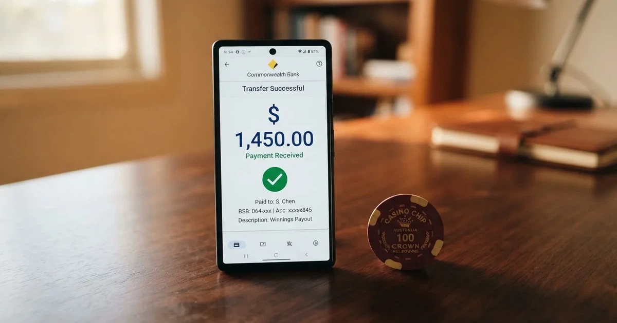 A phone displaying a bank transfer confirmation screen next to a stack of Australian dollar notes.