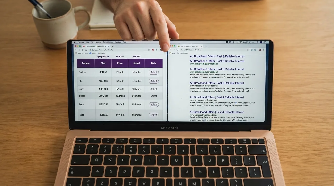 A laptop screen split between two browser tabs, one showing a comparison table and the other a search results page.