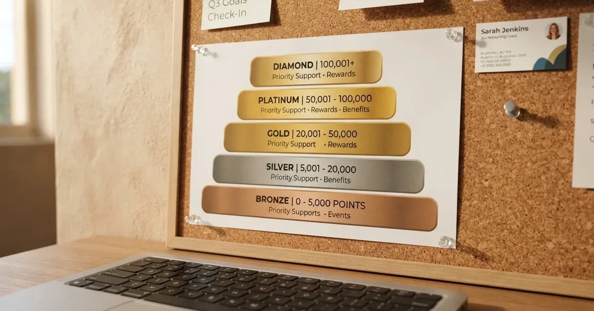 A gold-coloured tier chart pinned to a corkboard next to a laptop keyboard.