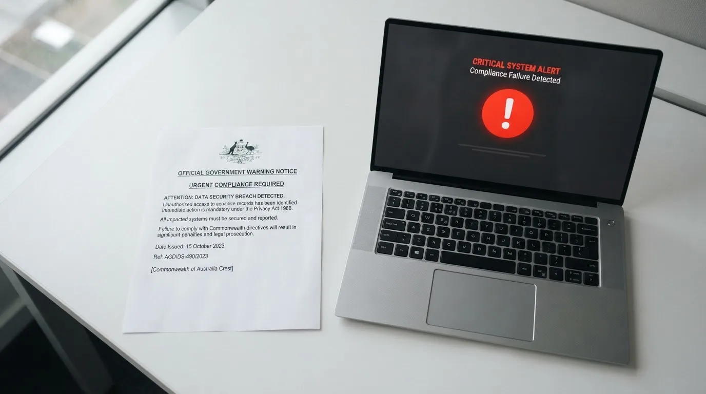 A printed government warning notice on a desk beside a laptop with a red alert icon on the screen.