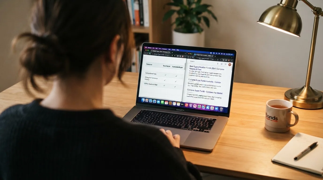 A laptop screen split between two browser tabs, one showing a comparison table and the other a search results page.