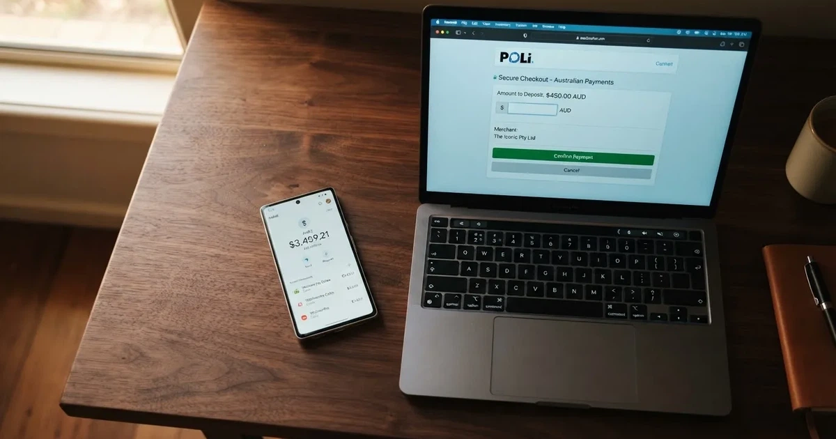 A smartphone screen showing a digital wallet balance next to a laptop cashier page.