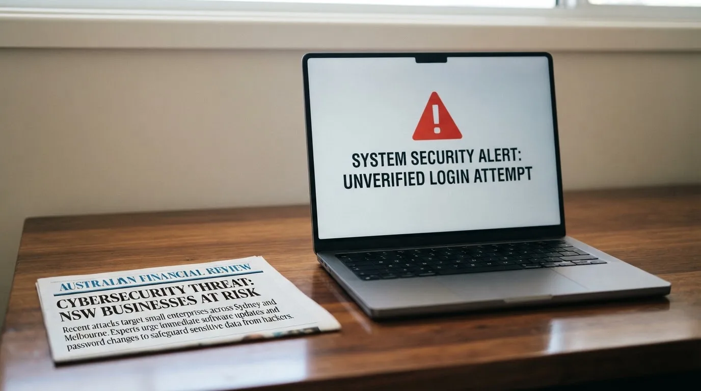 A printed government warning notice on a desk beside a laptop with a red alert icon on the screen.