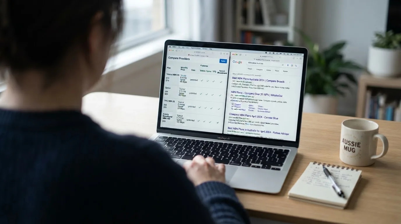 A laptop screen split between two browser tabs, one showing a comparison table and the other a search results page.