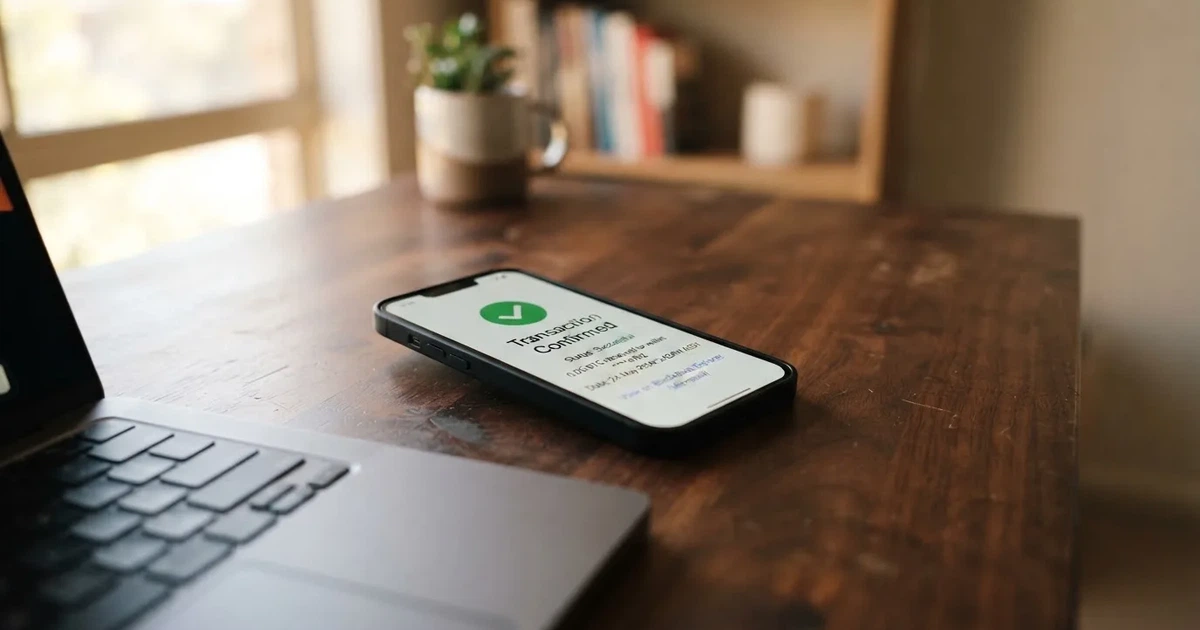 A phone displaying a blockchain transaction confirmation screen next to a laptop keyboard.