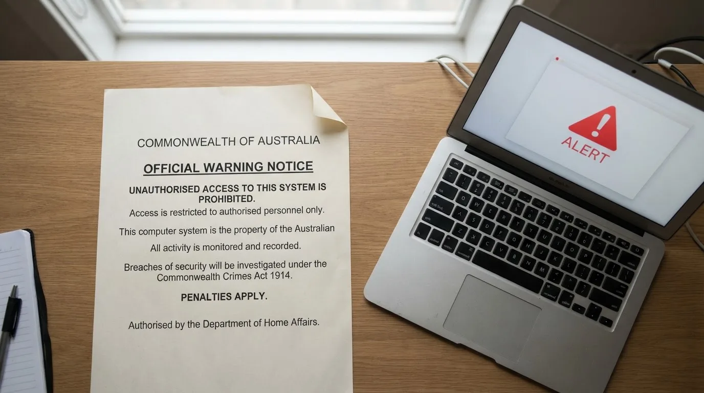 A printed government warning notice on a desk beside a laptop with a red alert icon on the screen.