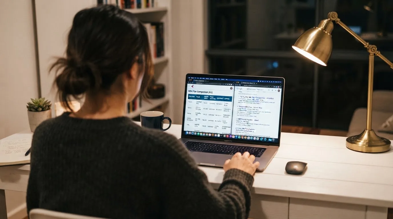 A laptop screen split between two browser tabs, one showing a comparison table and the other a search results page.