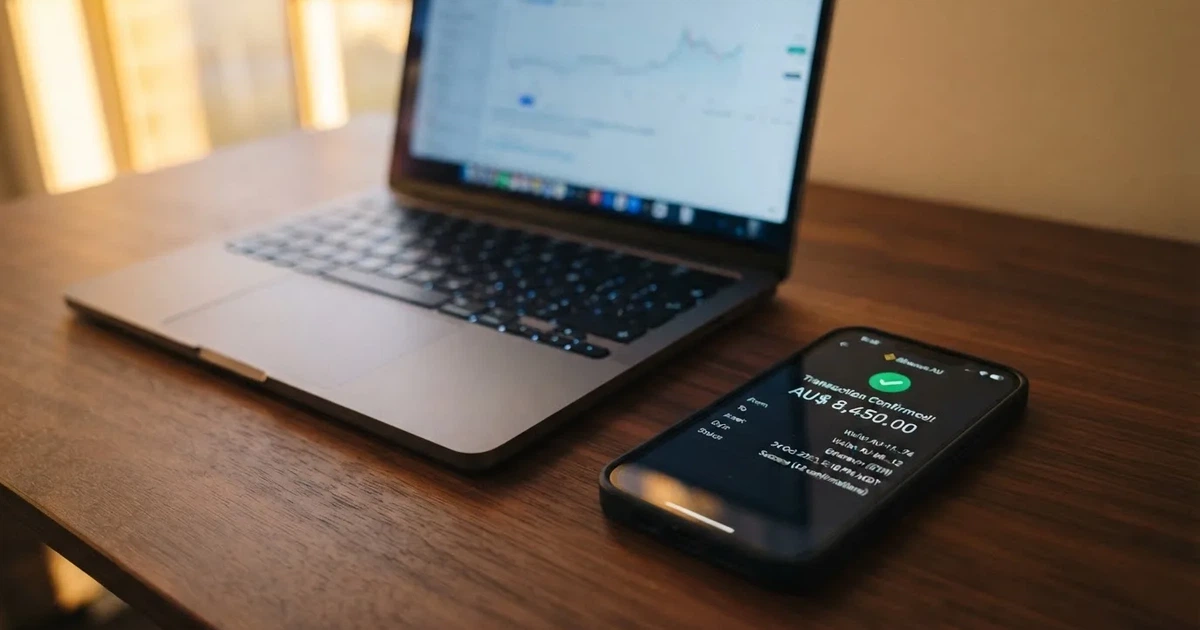 A phone displaying a blockchain transaction confirmation screen next to a laptop keyboard.