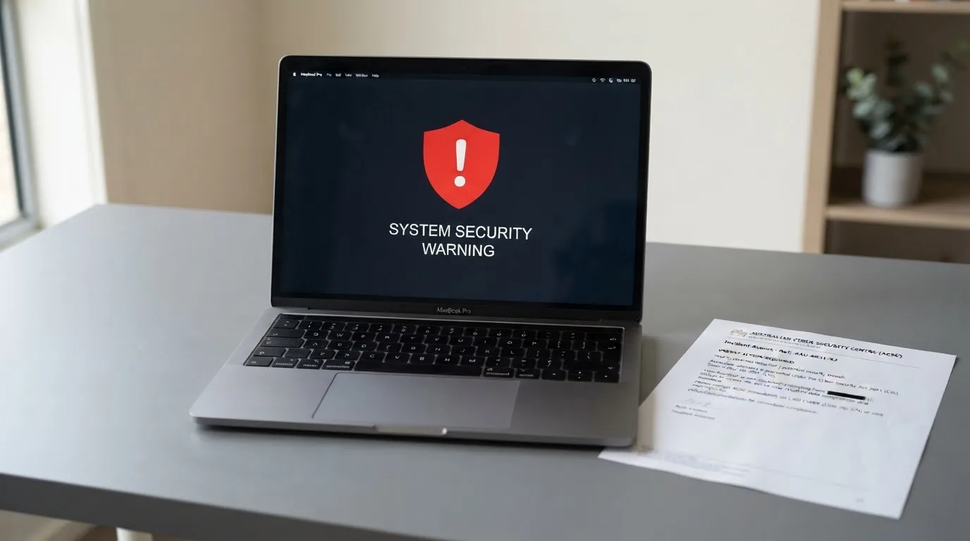 A printed government warning notice on a desk beside a laptop with a red alert icon on the screen.