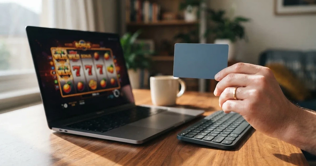 A hand holding a bank card next to a laptop showing an online payment form.