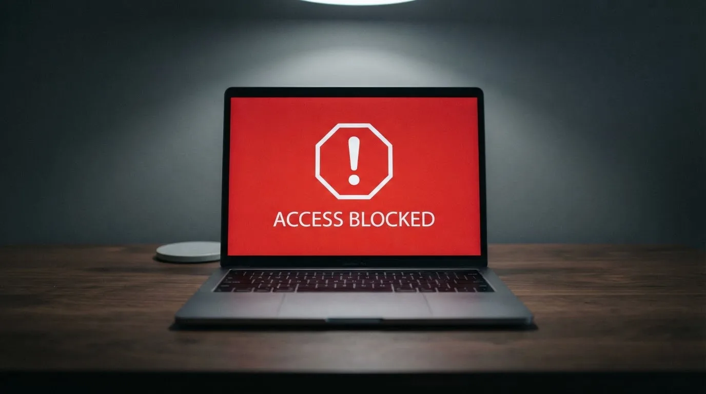 A printed government warning notice on a desk beside a laptop with a red alert icon on the screen.