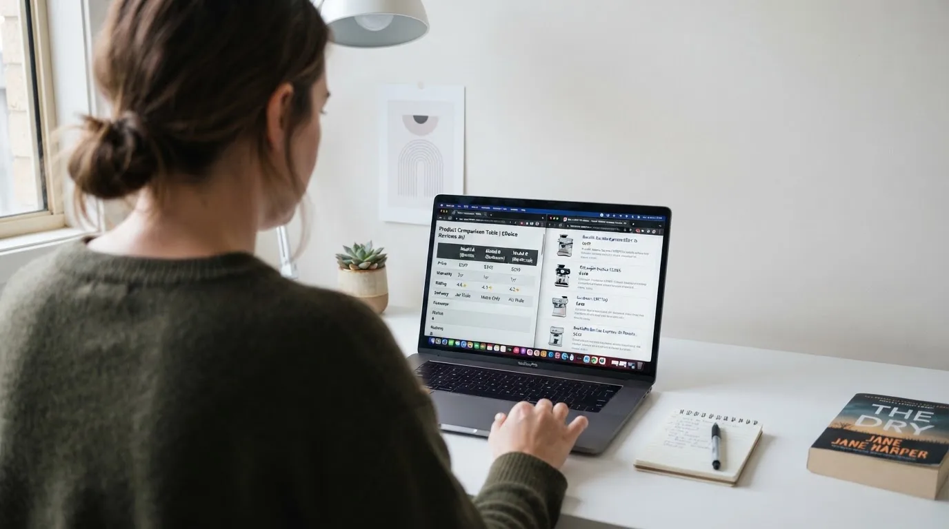 A laptop screen split between two browser tabs, one showing a comparison table and the other a search results page.