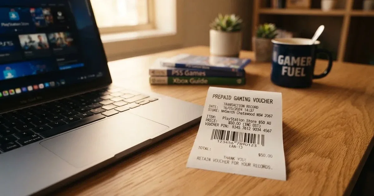 A printed prepaid voucher receipt lying beside a laptop keyboard.