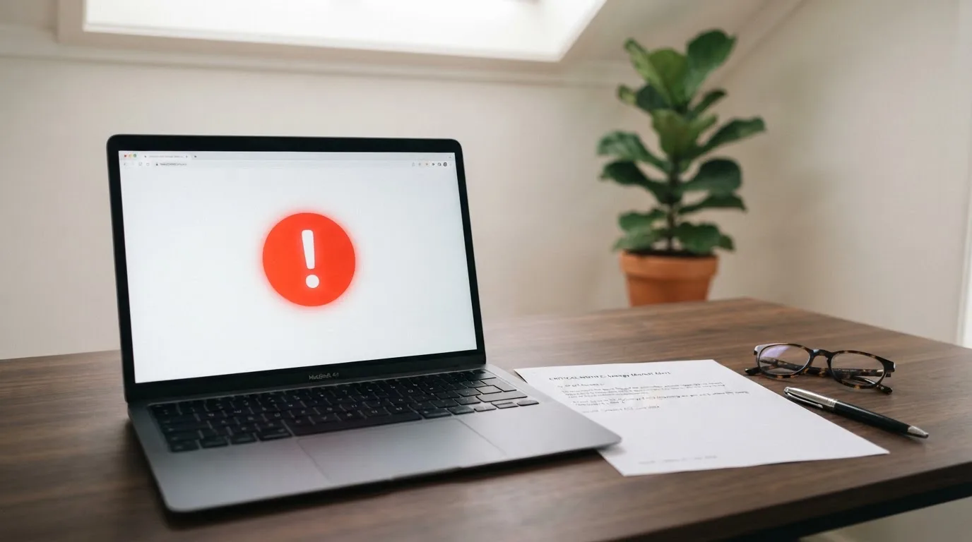 A printed government warning notice on a desk beside a laptop with a red alert icon on the screen.