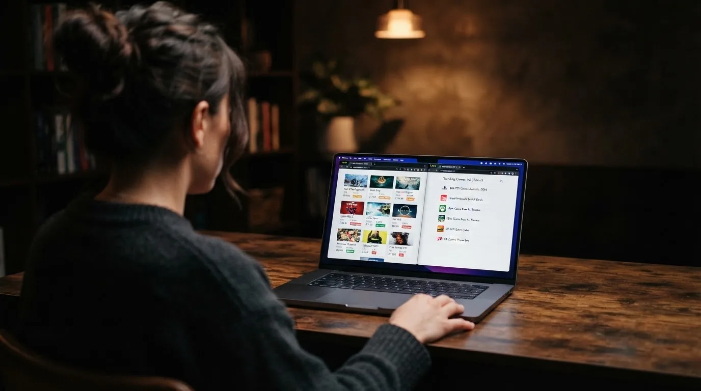 A laptop screen split between two browser tabs, one showing a comparison table and the other a search results page.